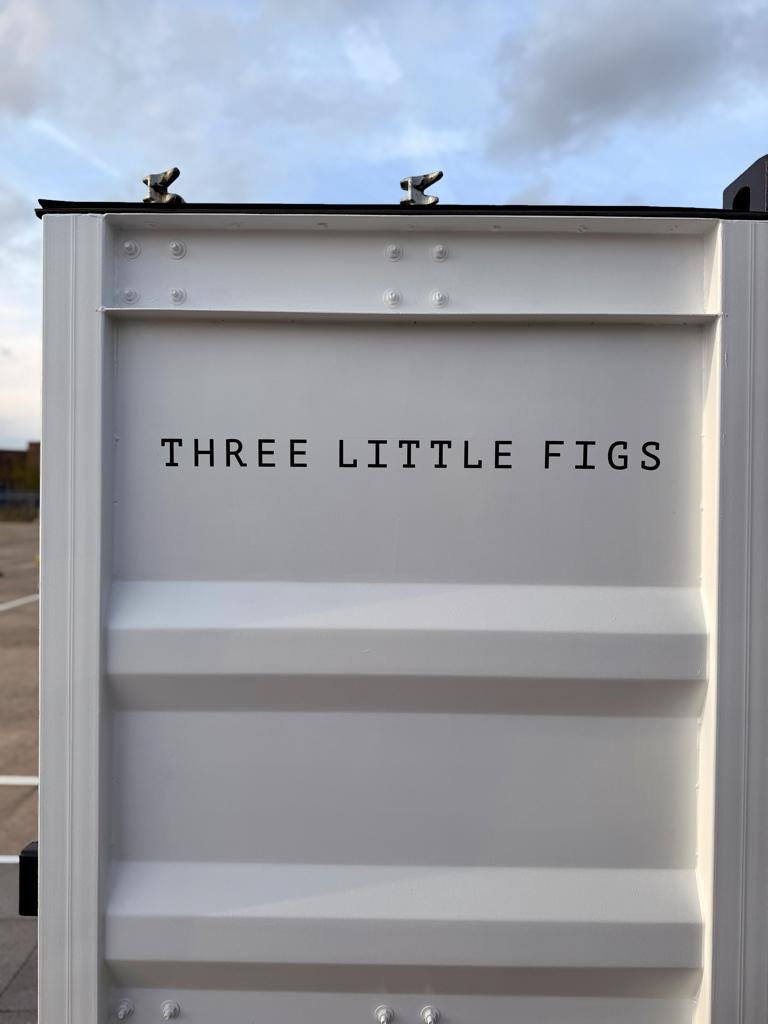Three Little Figs container lettering — original project photograph
