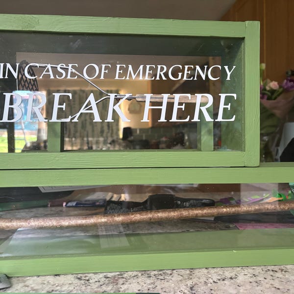 White In Case of Emergency Break Here lettering on glass in a green frame.