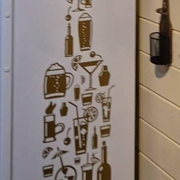 Gold drinks illustration decal applied to the front of a bar fridge.