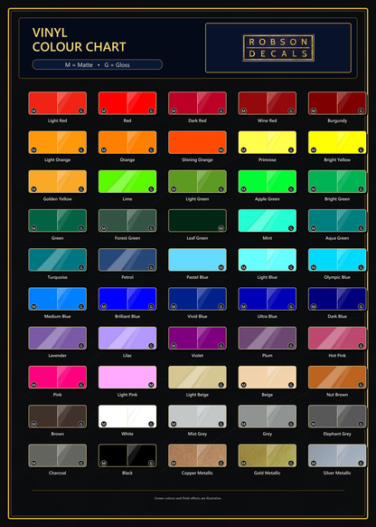 Robson Decals approved 50-colour chart showing available Matt and Gloss finishes.