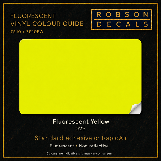 Robson Decals 7510 and 7510RA Fluorescent Yellow 029 colour guide. Standard adhesive or RapidAir. Non-reflective.