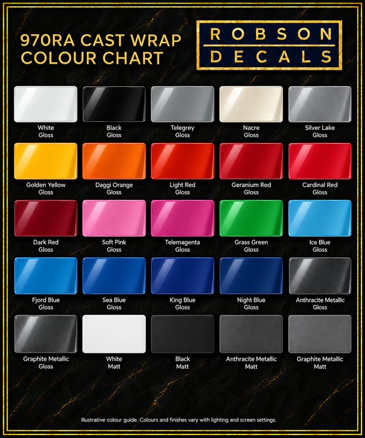 Illustrative 970RA cast wrapping film colour chart with 25 gloss, matt, metallic and pearl-effect colour and finish options.