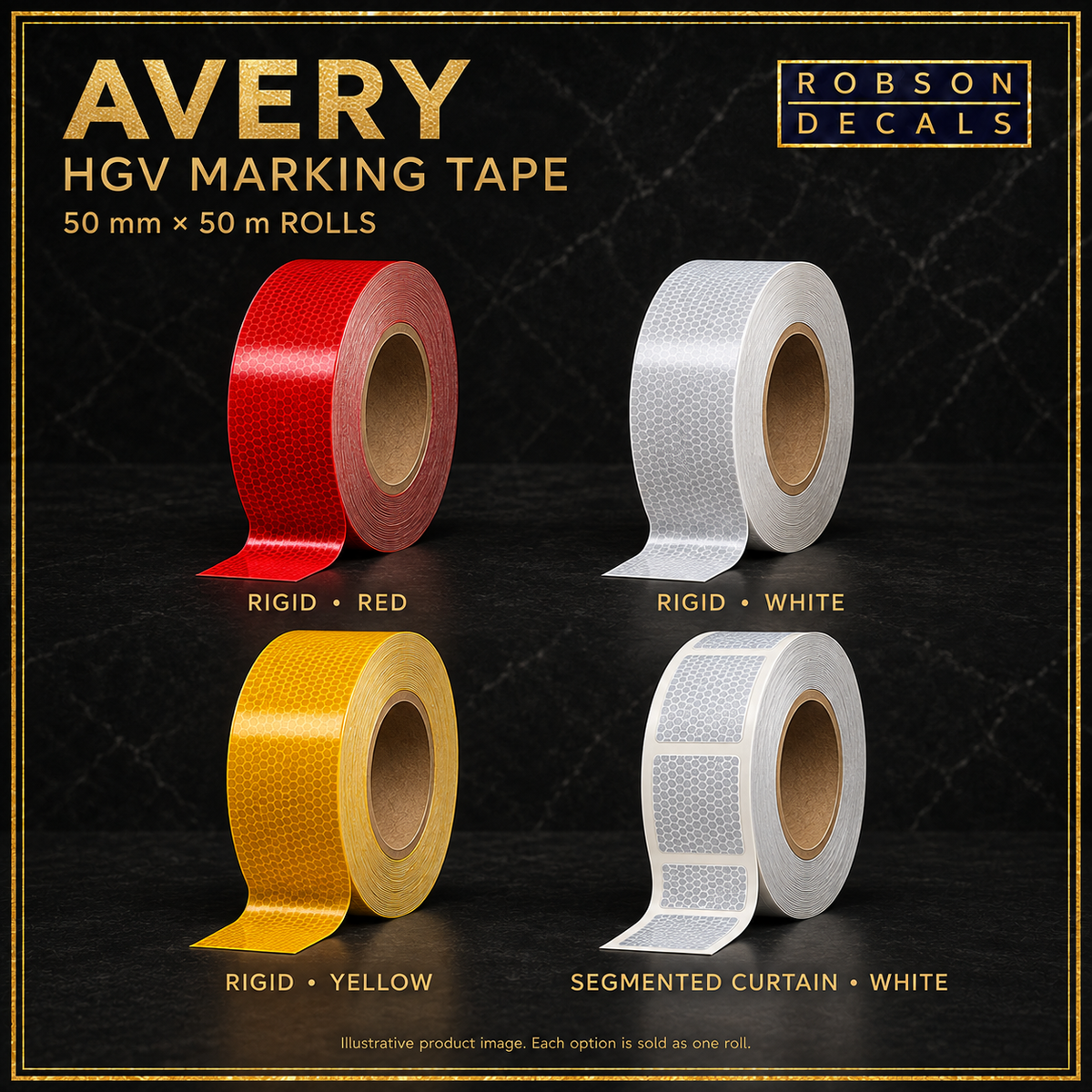 Illustrative Avery HGV marking tape, 50 mm by 50 m rolls. Rigid Grade in red, white and yellow; Segmented Curtain Grade in white. Robson Decals.