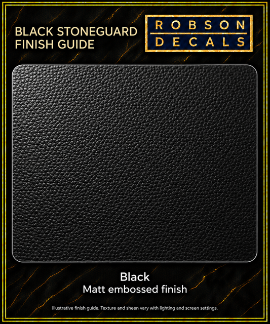 Illustrative black matt embossed stoneguard vinyl finish. Texture and sheen vary with lighting and screen settings.