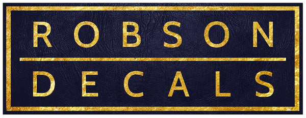 Robson Decals gold wordmark on a dark blue background