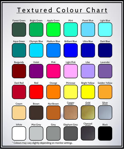 Robson Decals textured colour chart showing 36 vinyl colours, including metallic Copper, Gold, Silver and Charcoal. Colours may vary with monitor settings.