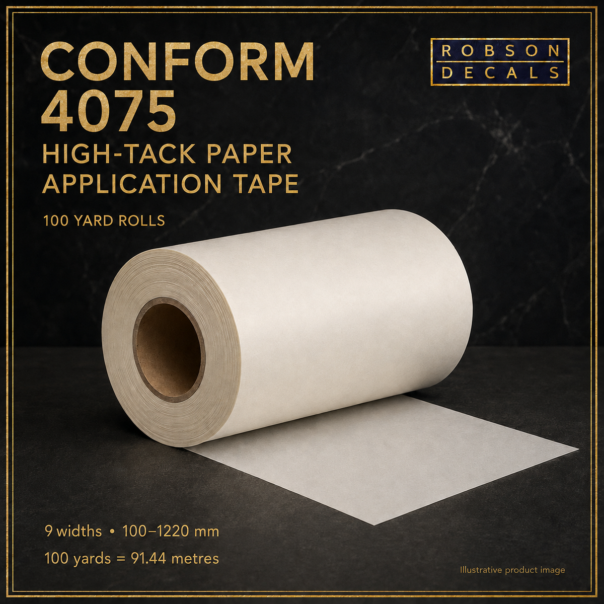 Illustrative Robson Decals Conform 4075 high-tack paper application tape roll; nine widths from 100 to 1220 mm, 100 yards / 91.44 metres per roll.