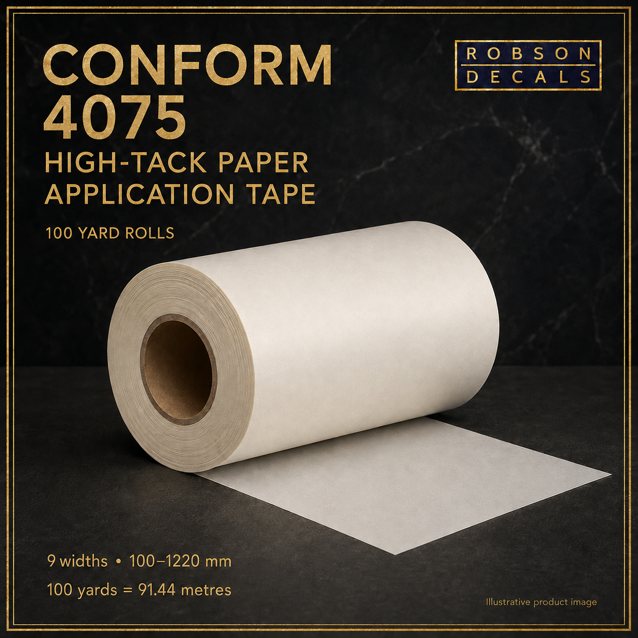 Illustrative Robson Decals Conform 4075 high-tack paper application tape roll; nine widths from 100 to 1220 mm, 100 yards / 91.44 metres per roll.