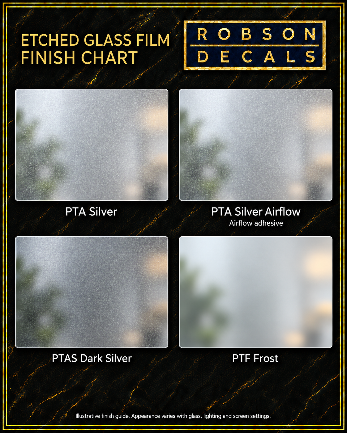 Illustrative etched-glass film finish chart: PTA Silver, PTA Silver Airflow, PTAS Dark Silver and PTF Frost.