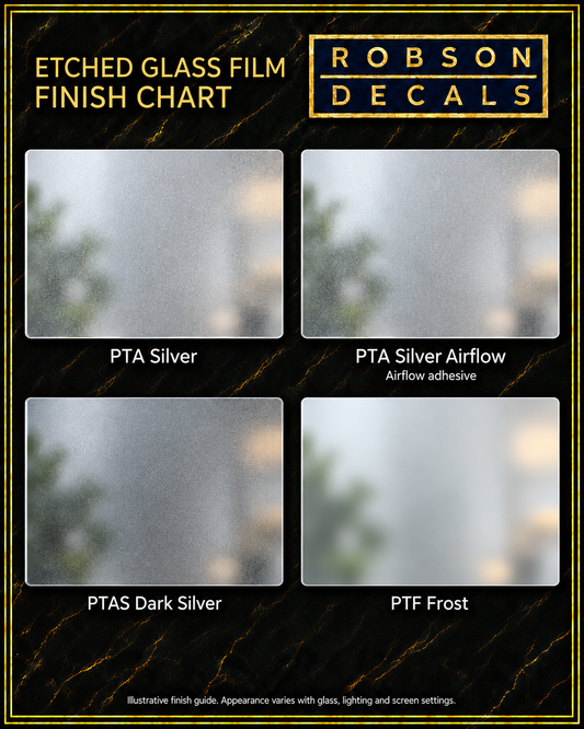 Illustrative etched-glass film finish chart: PTA Silver, PTA Silver Airflow, PTAS Dark Silver and PTF Frost.