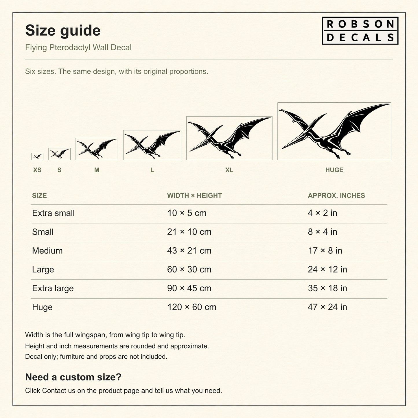 Flying pterodactyl size guide: six full-wingspan sizes from 10 by 5 cm to 120 by 60 cm with approximate whole-inch equivalents