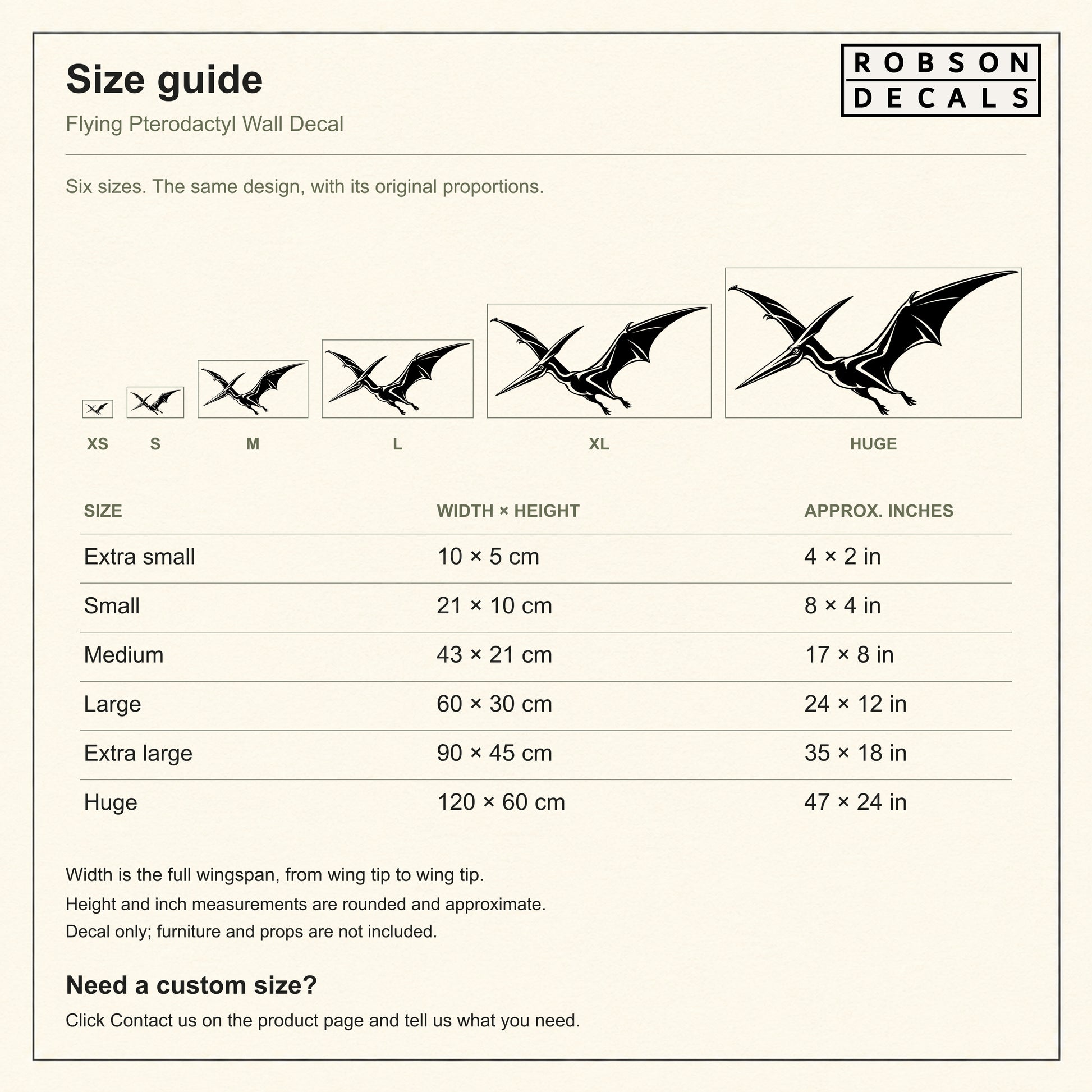 Flying pterodactyl size guide: six full-wingspan sizes from 10 by 5 cm to 120 by 60 cm with approximate whole-inch equivalents