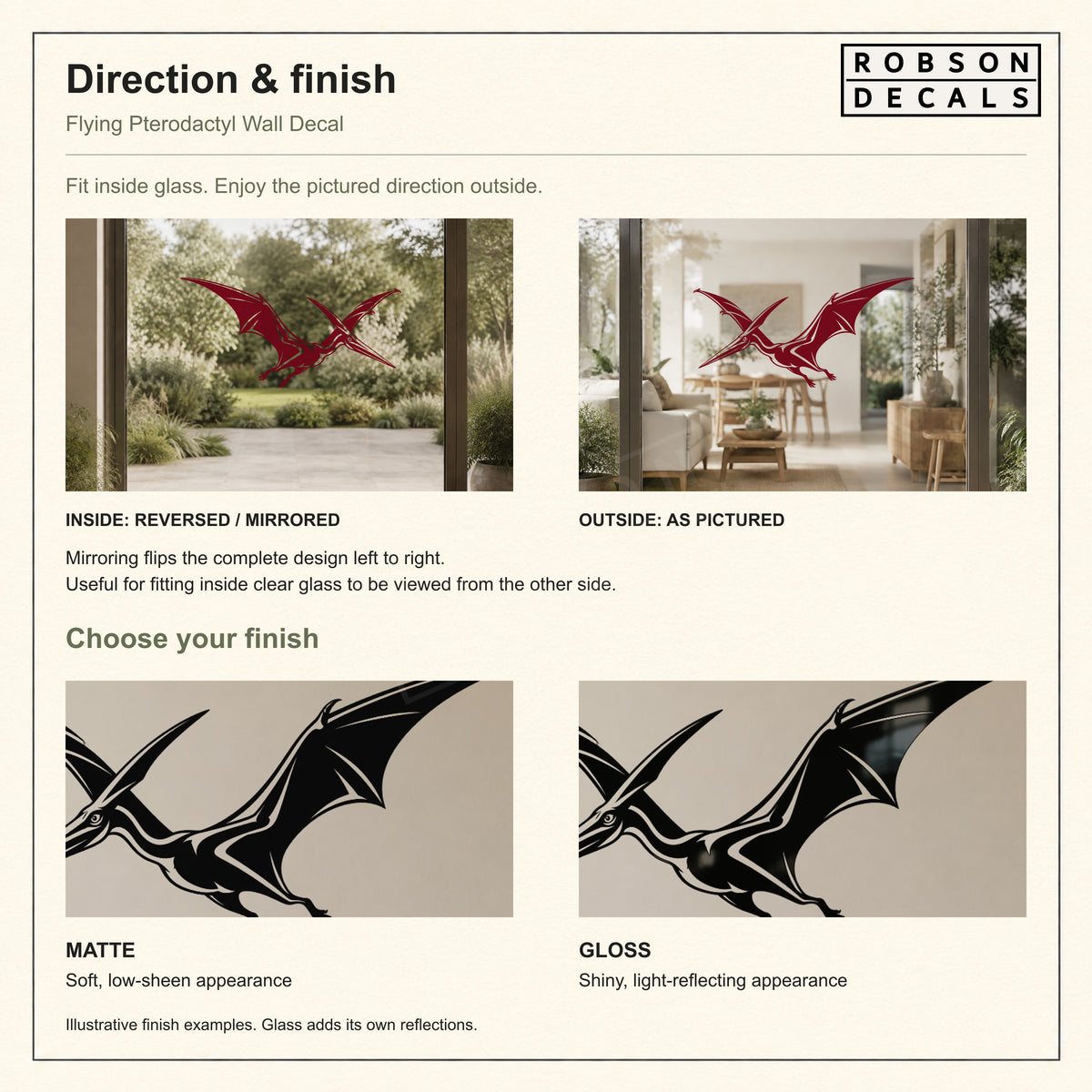 Flying pterodactyl guide showing mirrored inside-glass fitting, the pictured direction outside, and matte versus gloss finish