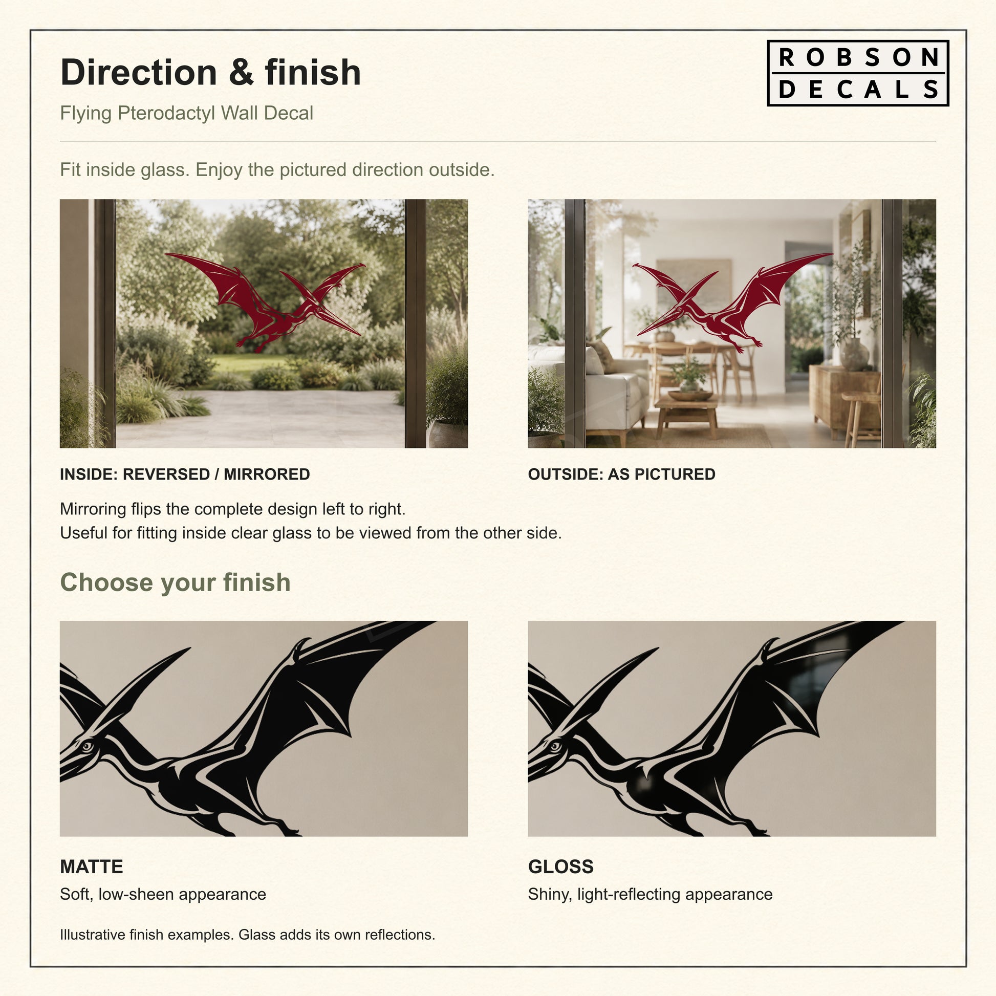 Flying pterodactyl guide showing mirrored inside-glass fitting, the pictured direction outside, and matte versus gloss finish