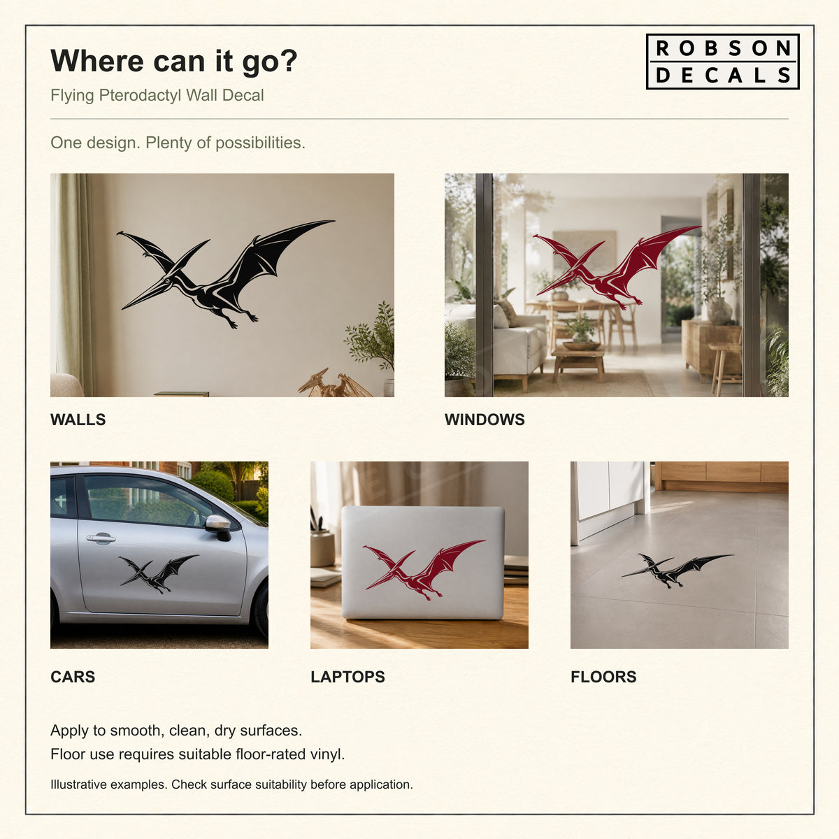Flying pterodactyl placement ideas for walls, windows, cars, laptops and floors; floor-rated material required