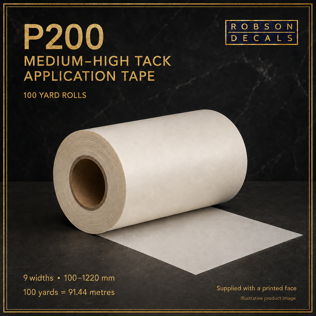 Illustrative Robson Decals P200 medium-high tack paper application tape roll; 100 yards / 91.44 metres, nine widths from 100 to 1220 mm. Actual tape supplied with a printed face.