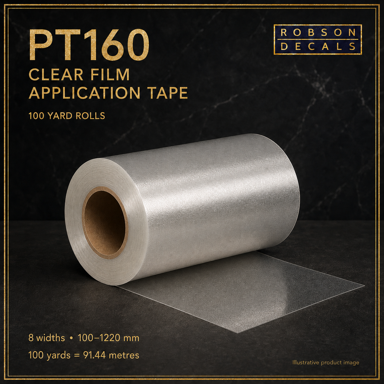 Illustrative Robson Decals PT160 clear application film roll with a lightly embossed surface; eight widths from 100 to 1220 mm, 100 yards / 91.44 metres per roll.