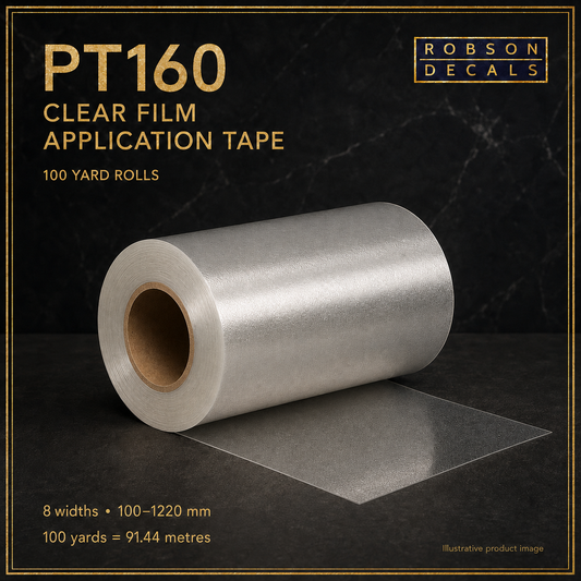 Illustrative Robson Decals PT160 clear application film roll with a lightly embossed surface; eight widths from 100 to 1220 mm, 100 yards / 91.44 metres per roll.