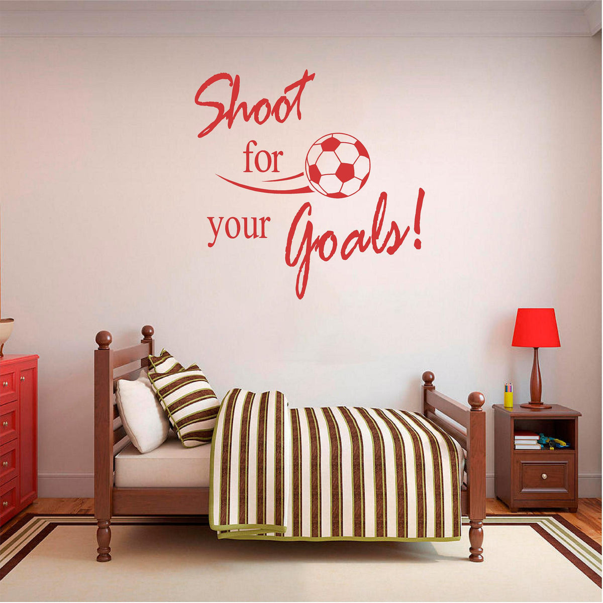 Red Shoot for your Goals football wall decal above a wooden bed