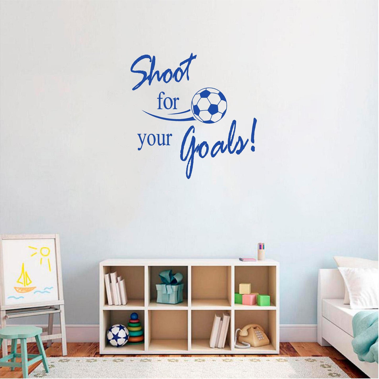 Blue Shoot for your Goals football wall decal in a bedroom