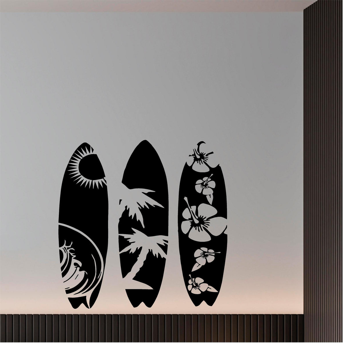 Black tropical surfboard wall decal set above dark wall panelling