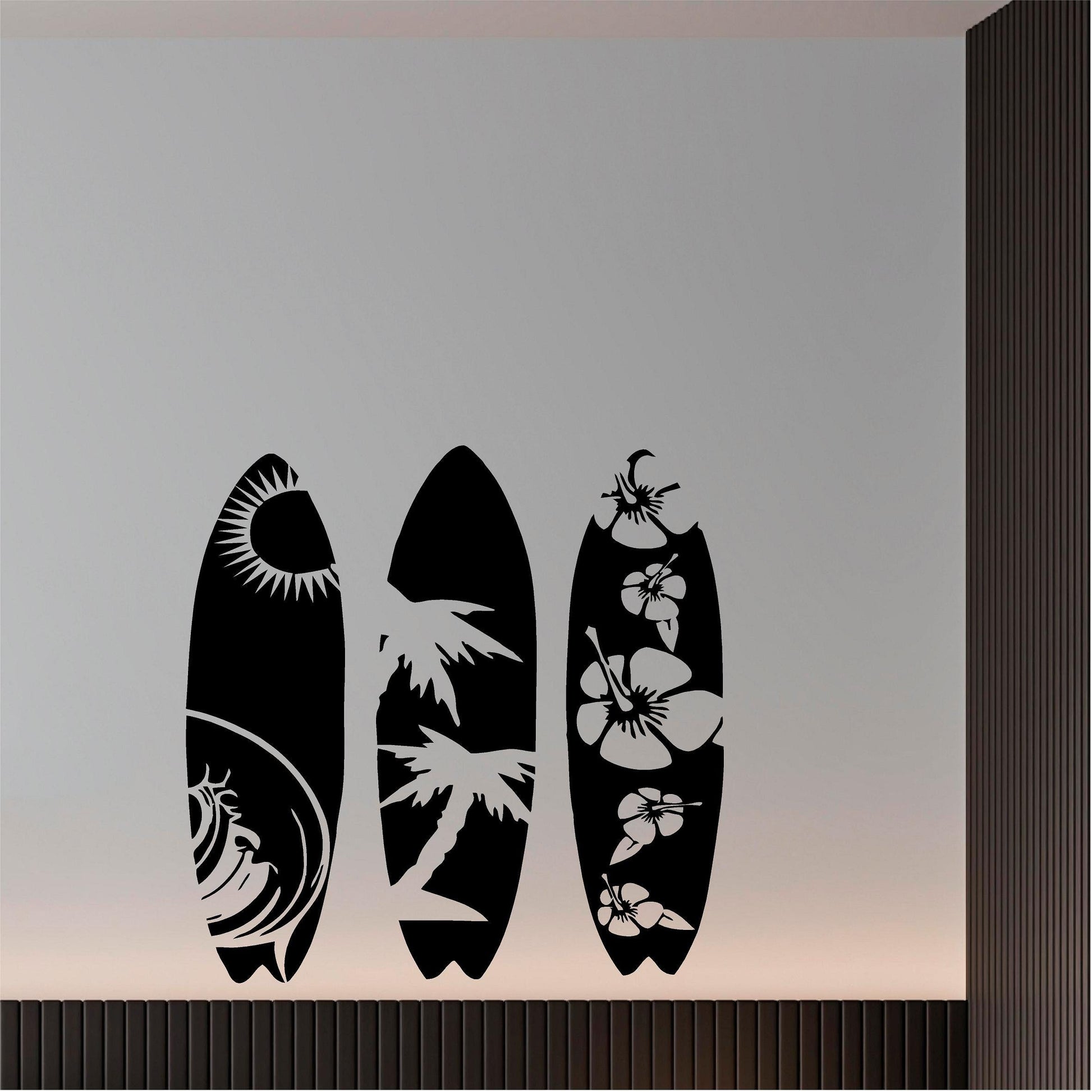 Black tropical surfboard wall decal set above dark wall panelling