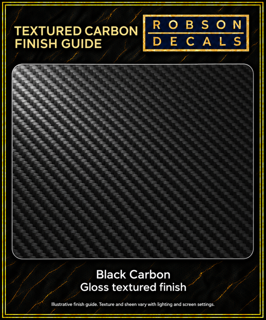 Illustrative black textured carbon-fibre-effect wrapping vinyl with directional gloss sheen. Texture and sheen vary with lighting and screen settings.