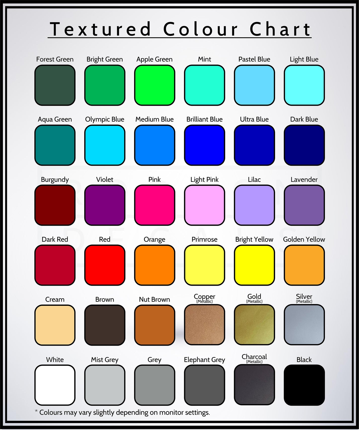 Robson Decals textured colour chart showing 36 labelled vinyl colours, including metallic copper, gold, silver and charcoal. Colours may vary with monitor settings.