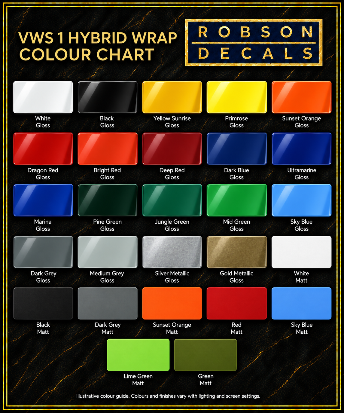 Illustrative KPMF VWS 1 hybrid wrapping film colour chart with 27 gloss and matt colour choices, including silver and gold metallic gloss.