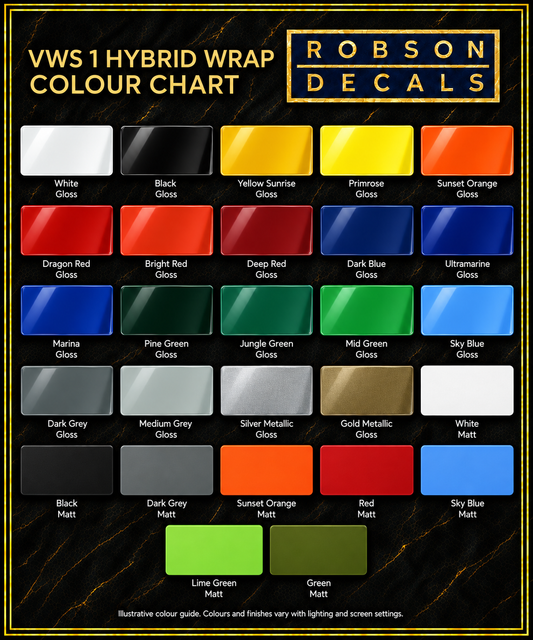 Illustrative KPMF VWS 1 hybrid wrapping film colour chart with 27 gloss and matt colour choices, including silver and gold metallic gloss.