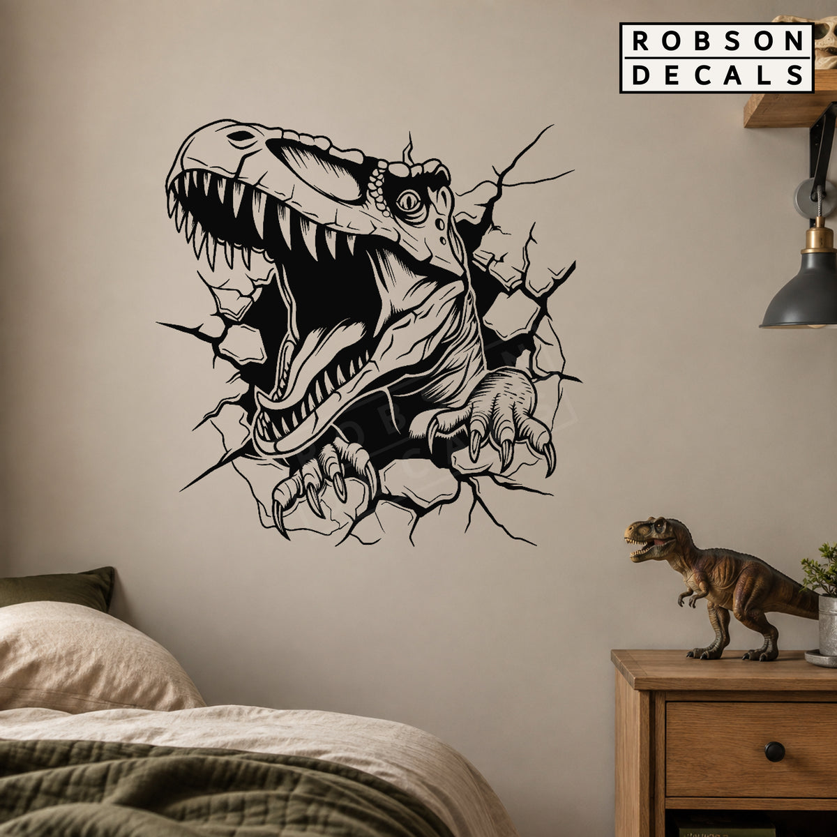 T. rex cracked-wall vinyl decal in black on a bedroom wall, with Robson Decals branding.