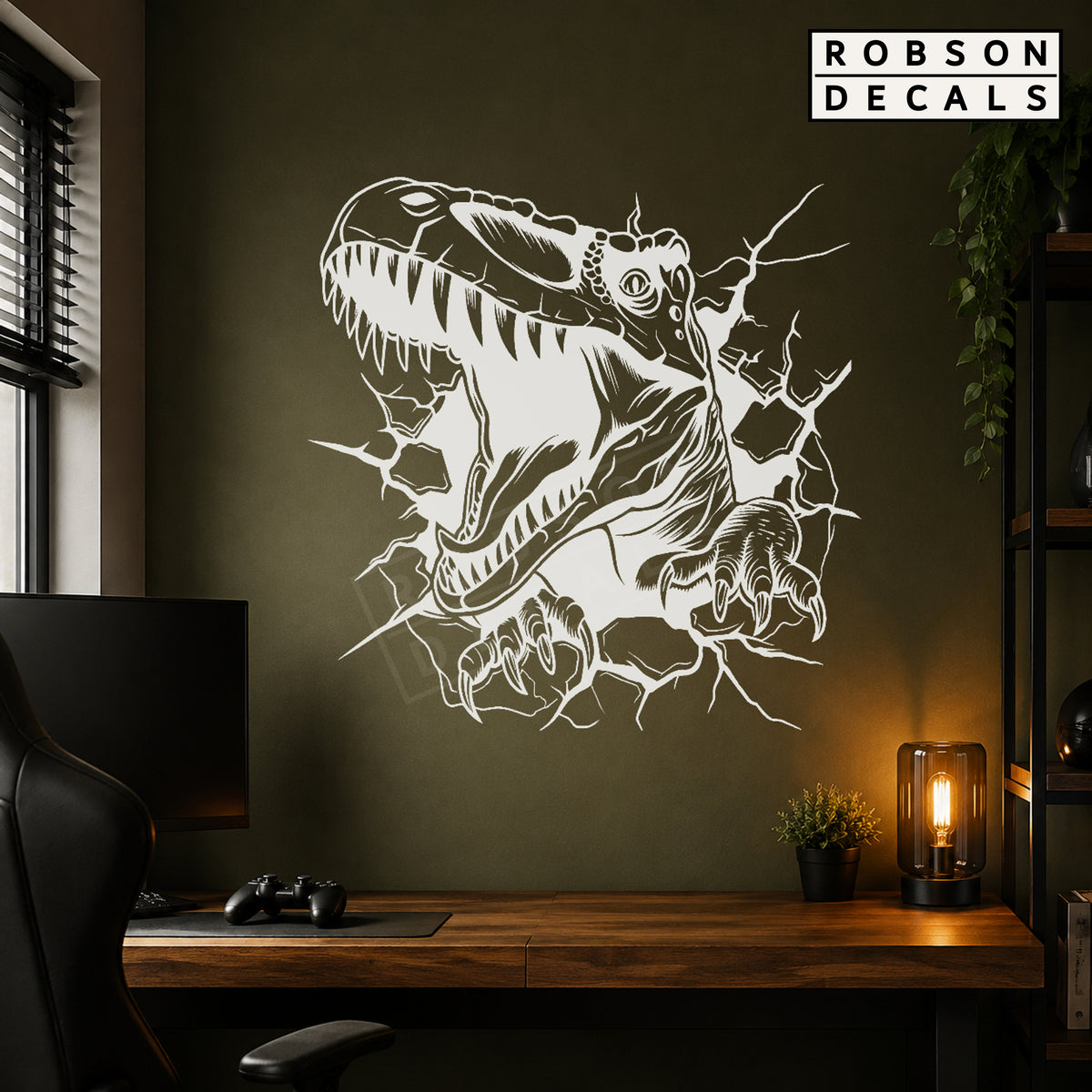 T. rex dinosaur decal in white on an olive games-room wall.