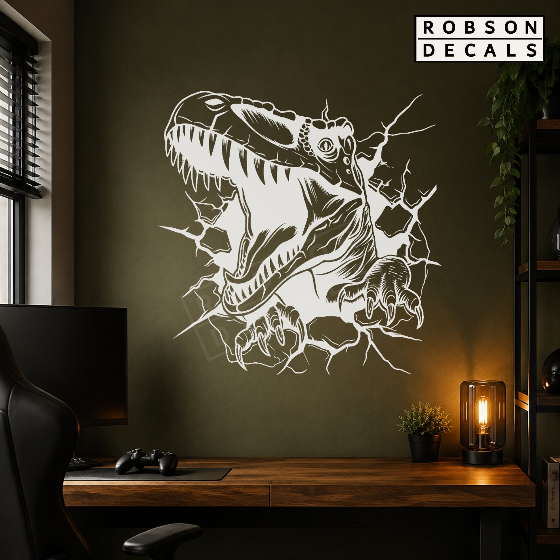 T. rex dinosaur decal in white on an olive games-room wall.