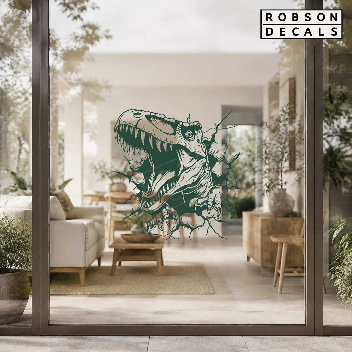 T. rex dinosaur decal in forest green on a clear glass garden-room door.