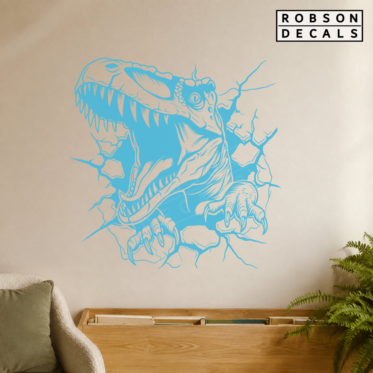 T. rex dinosaur decal in pastel blue in a reading nook.
