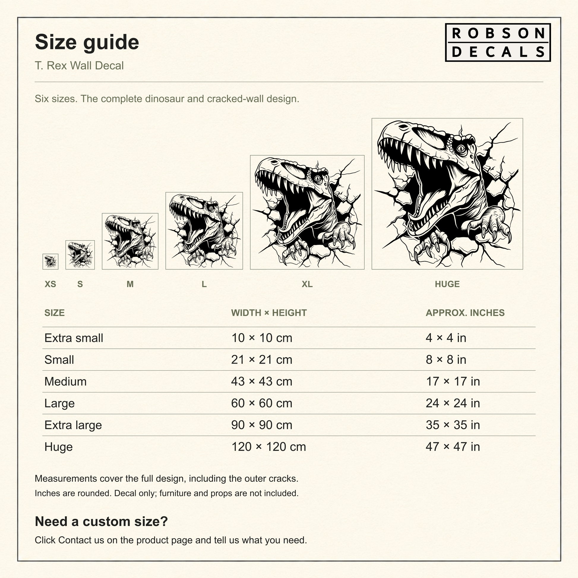 T. rex size guide showing the complete square design at 10, 21, 43, 60, 90 and 120 cm with rounded inch equivalents.