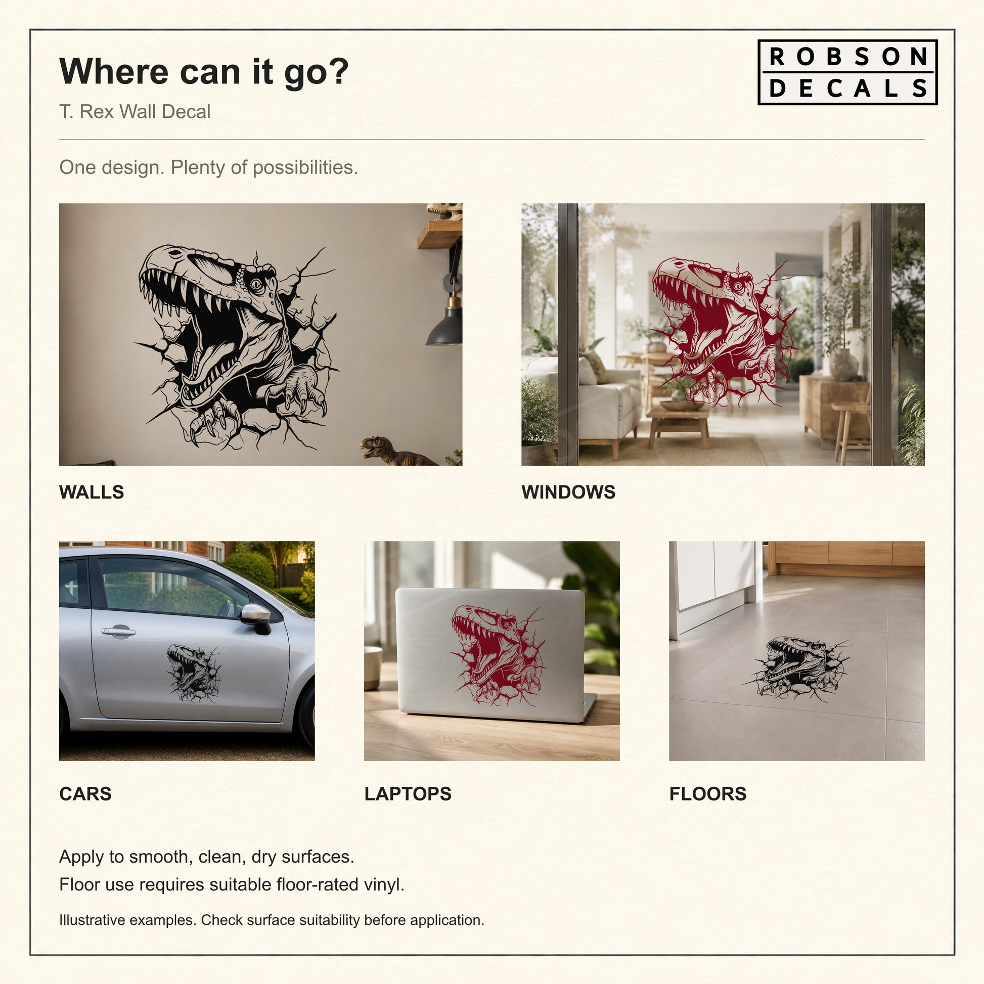 T. rex decal application examples on walls, windows, cars, laptops and floors; floor-rated material is required for floor use.